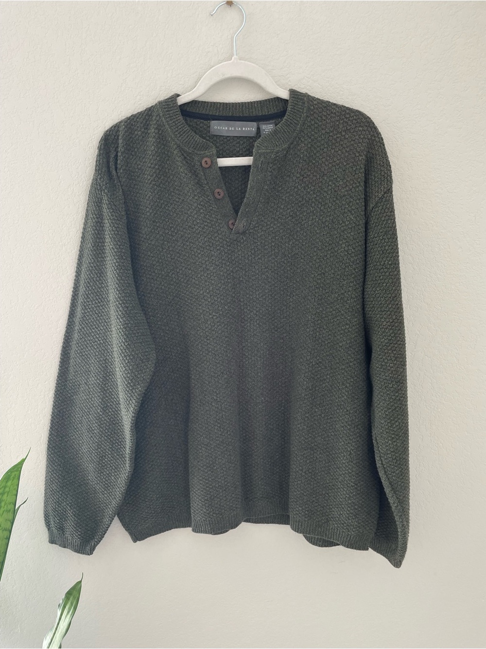 Mens Oscar De La Renta Henley Sweater Pull-Over Olive XL